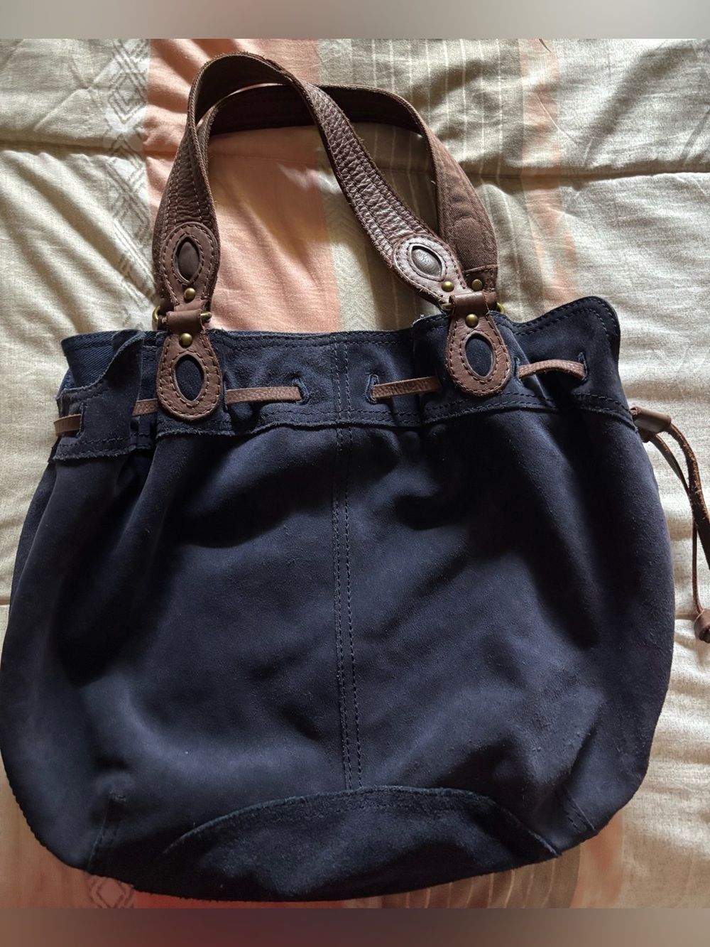 Lucky Brand Dark Blue Suede Tote Bag with Brown Leather Handles